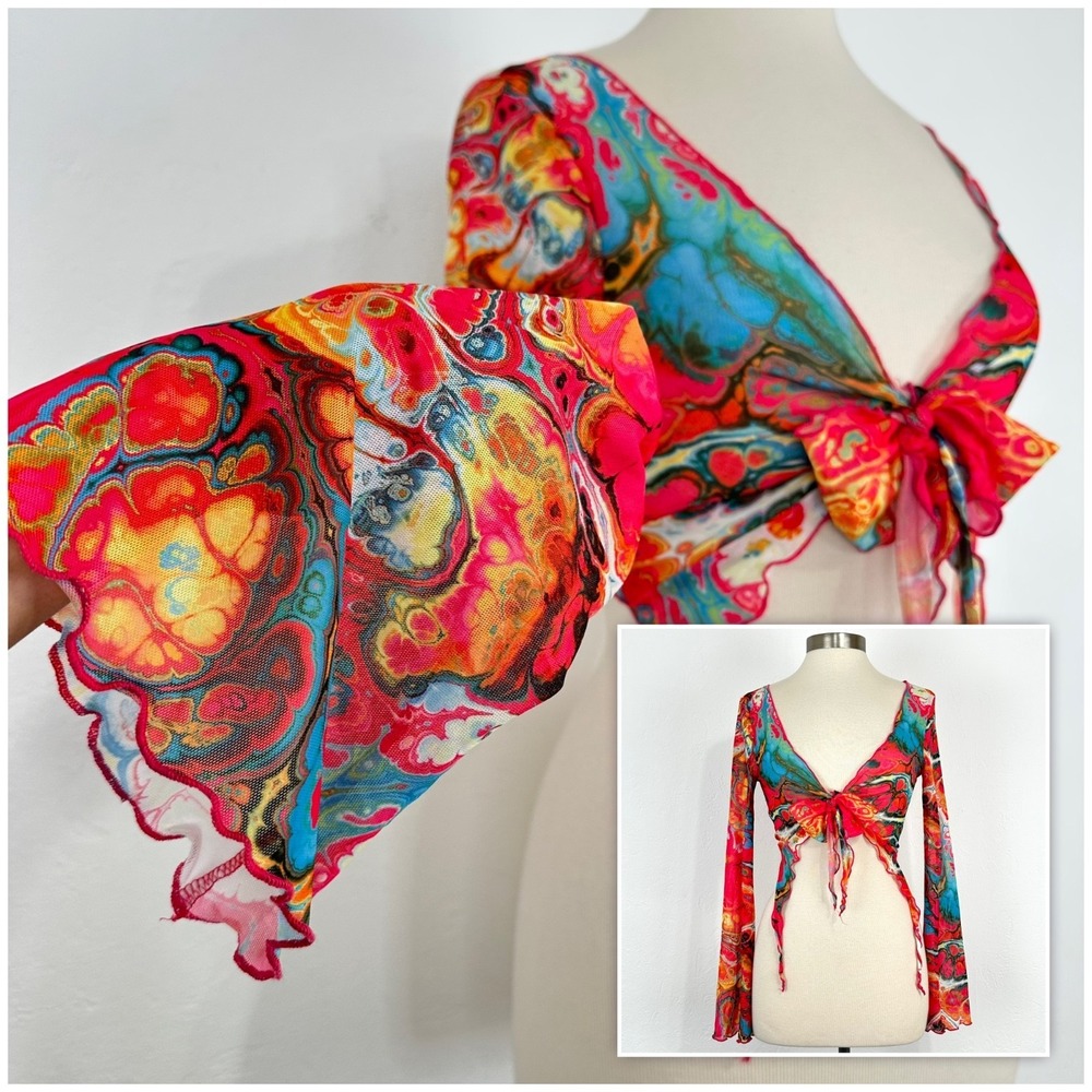 Rave EDM Trippy Dopamine Mesh Crop Top Sz XS Colorful Psychedelic Bell Sleeve